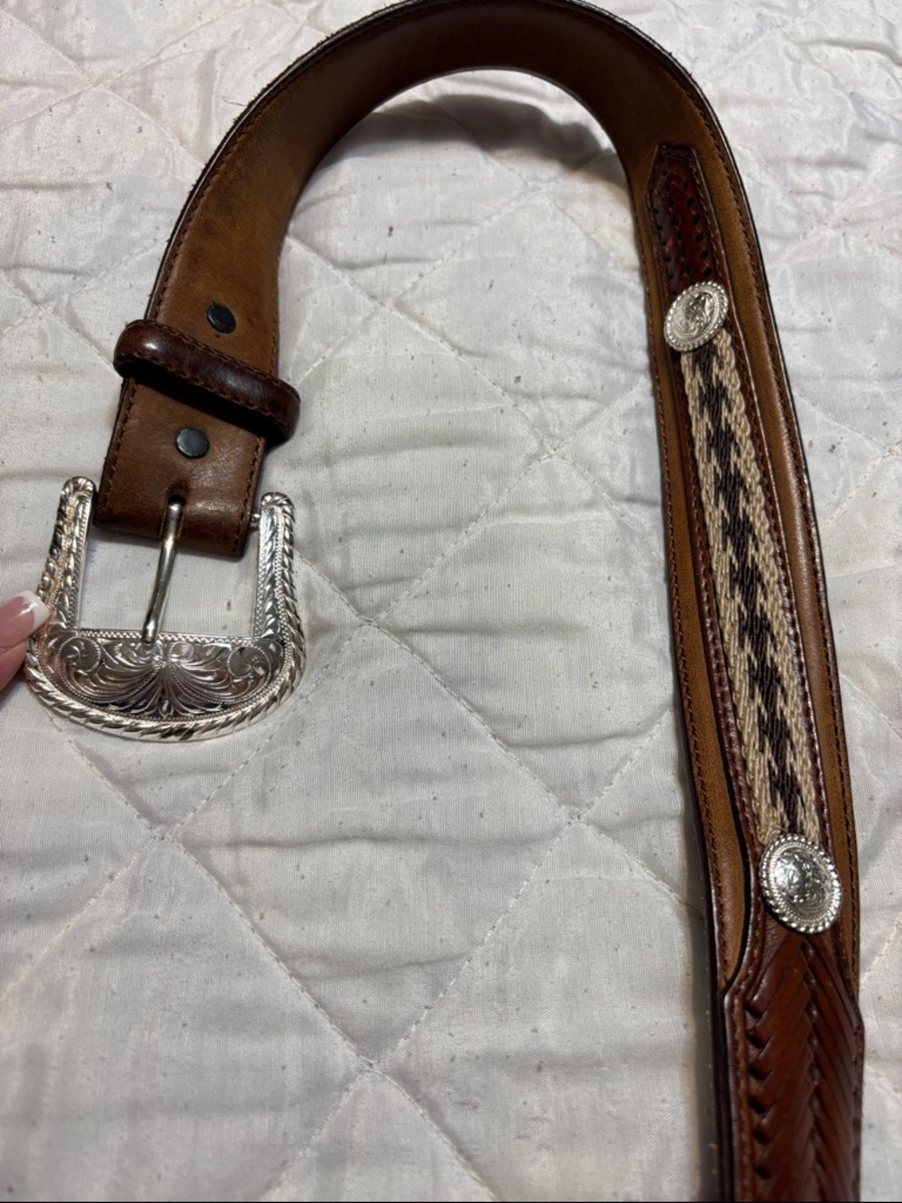 Tony Lama Western Leather Brown Belt Sz 44 (7239L) with Silver Engraved Buckle